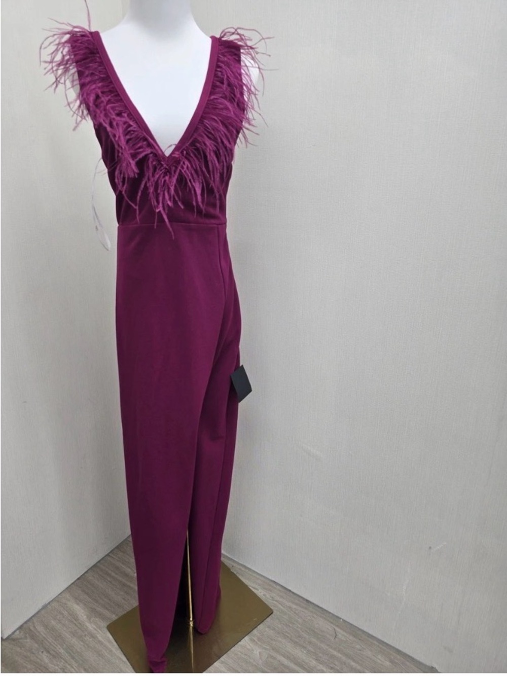 Lulu's Plum Feather-Trim Maxi Dress